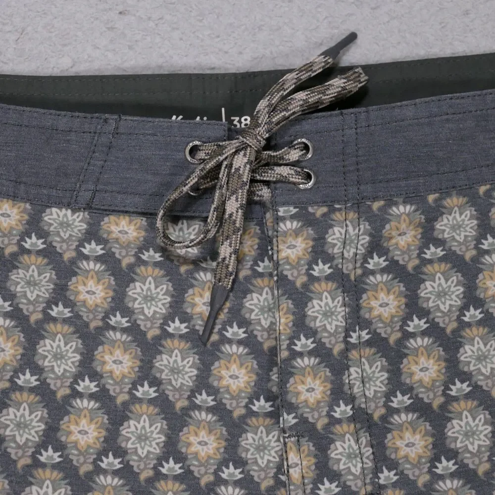 Katin Mens Board Shorts 38 Gray Floral Swim Trunks Drawstring